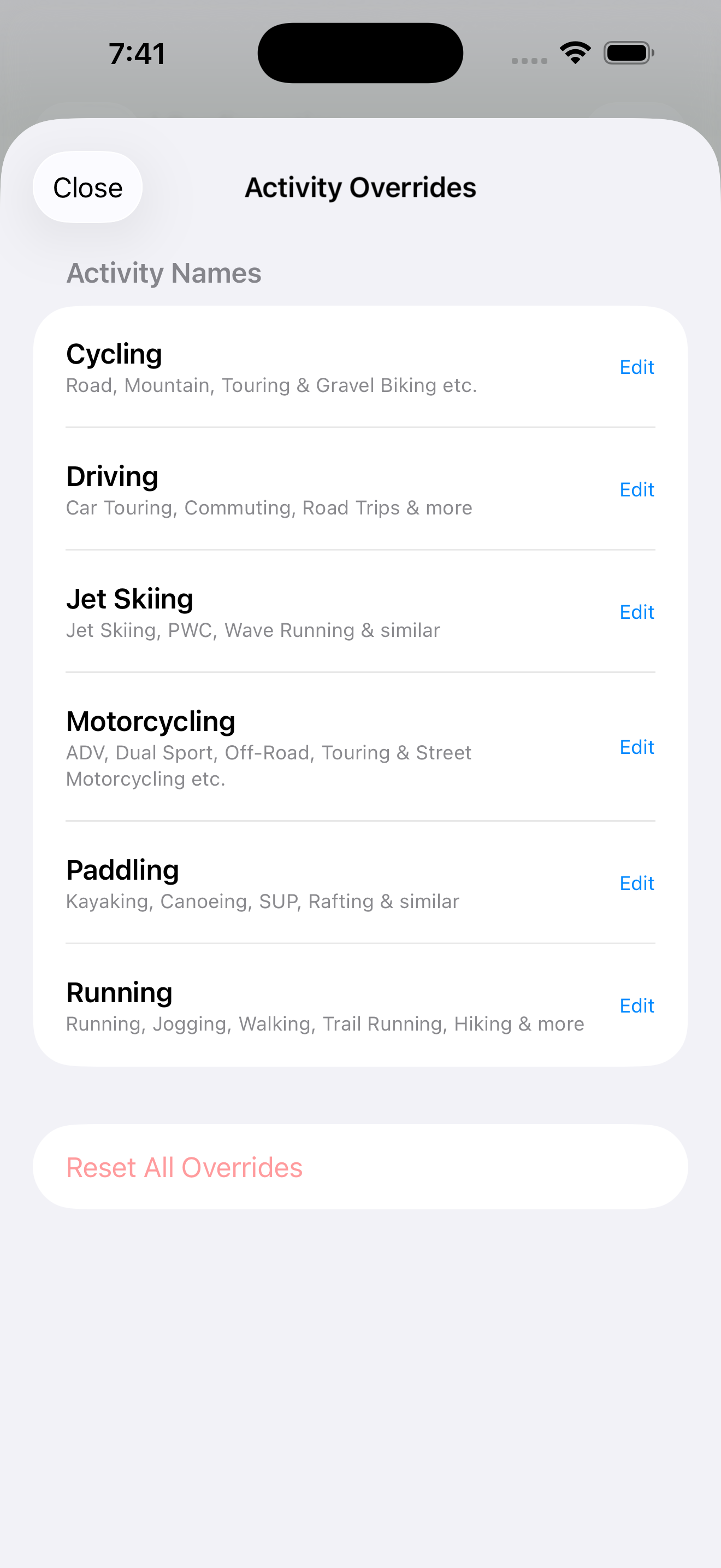 Screenshot of Activity Overrides settings
