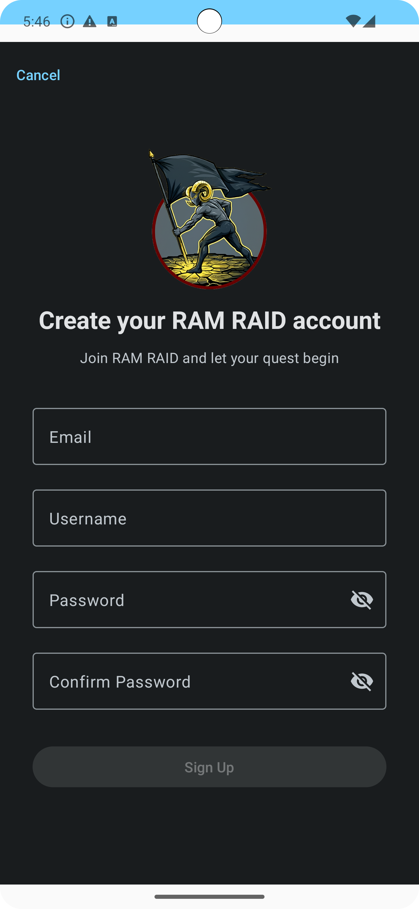 Sign up screen in Android dark mode