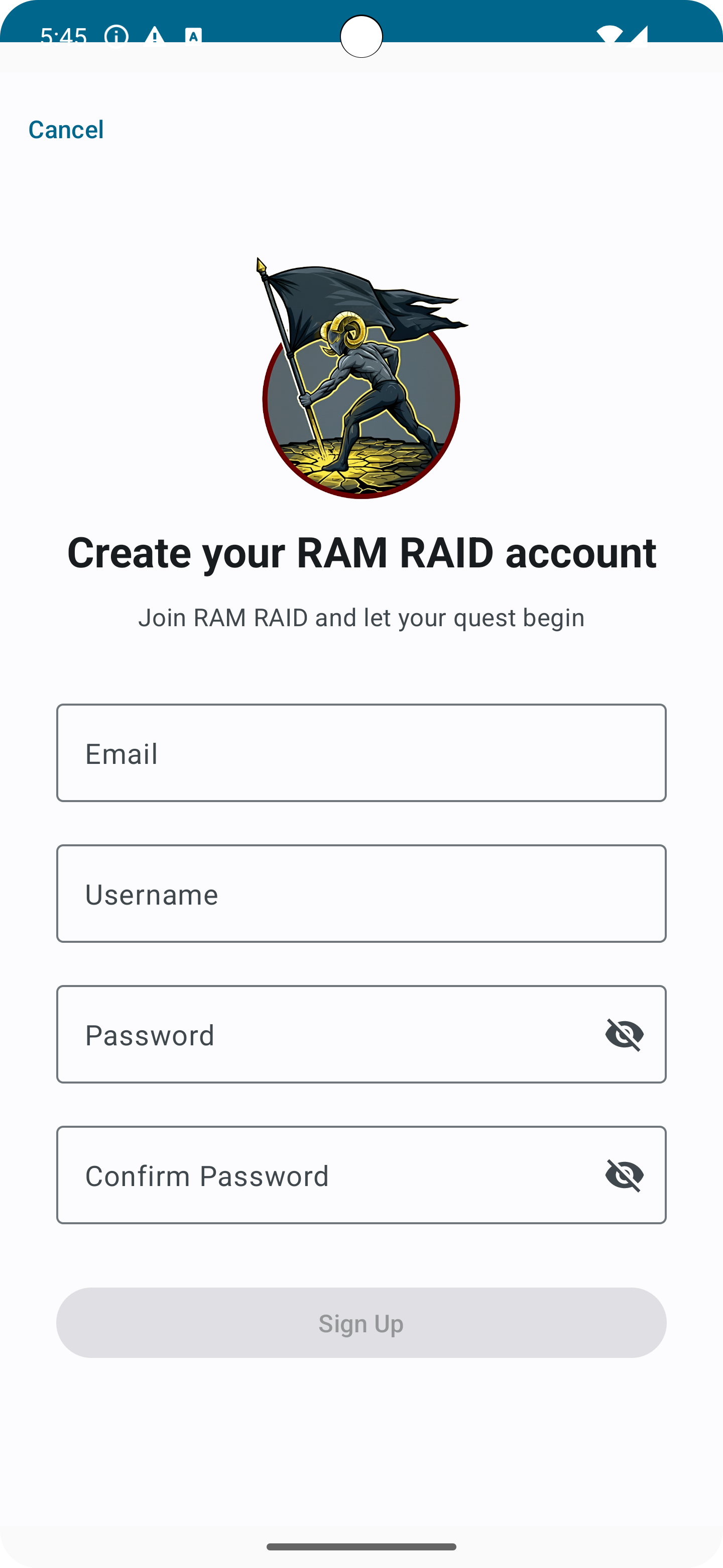 Sign up screen in Android light mode