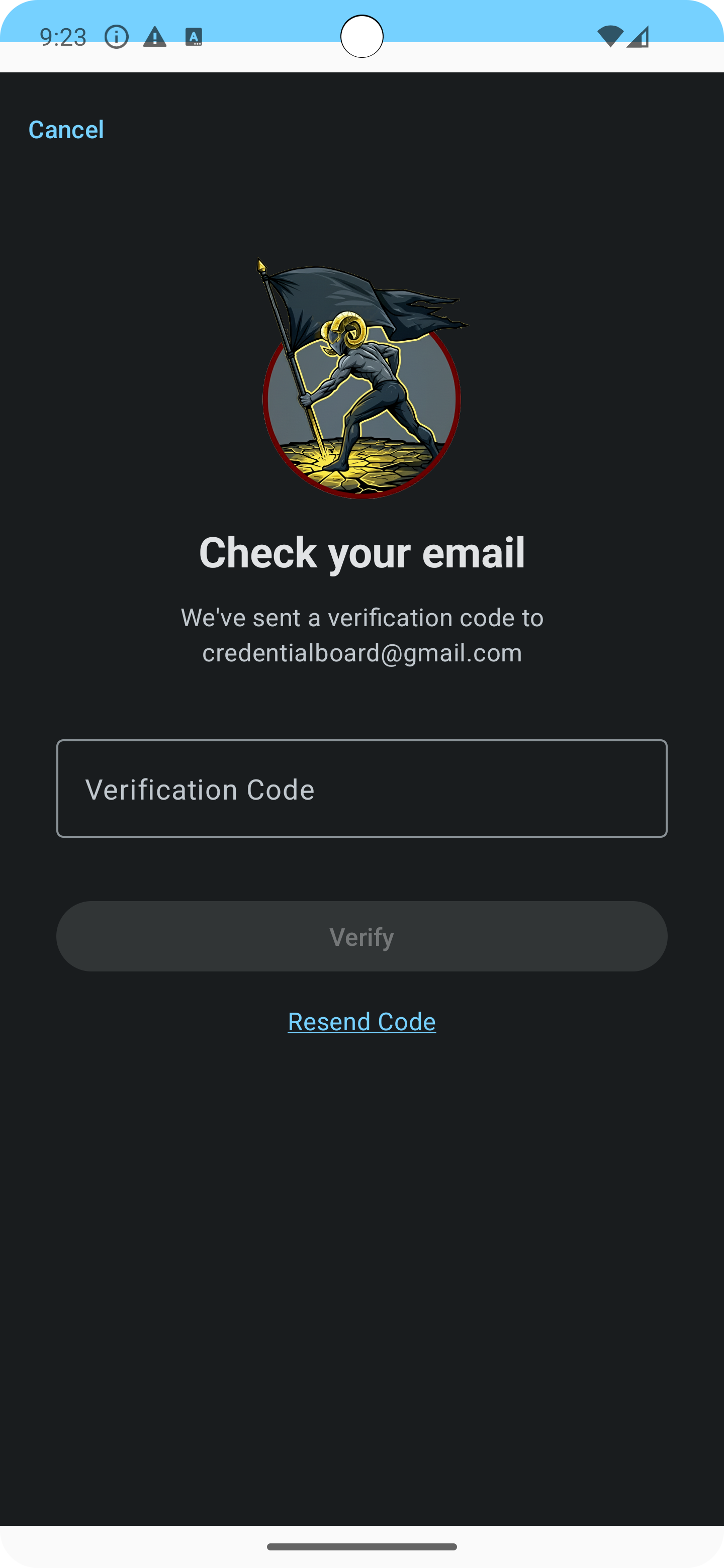 Account verification screen in Android dark mode