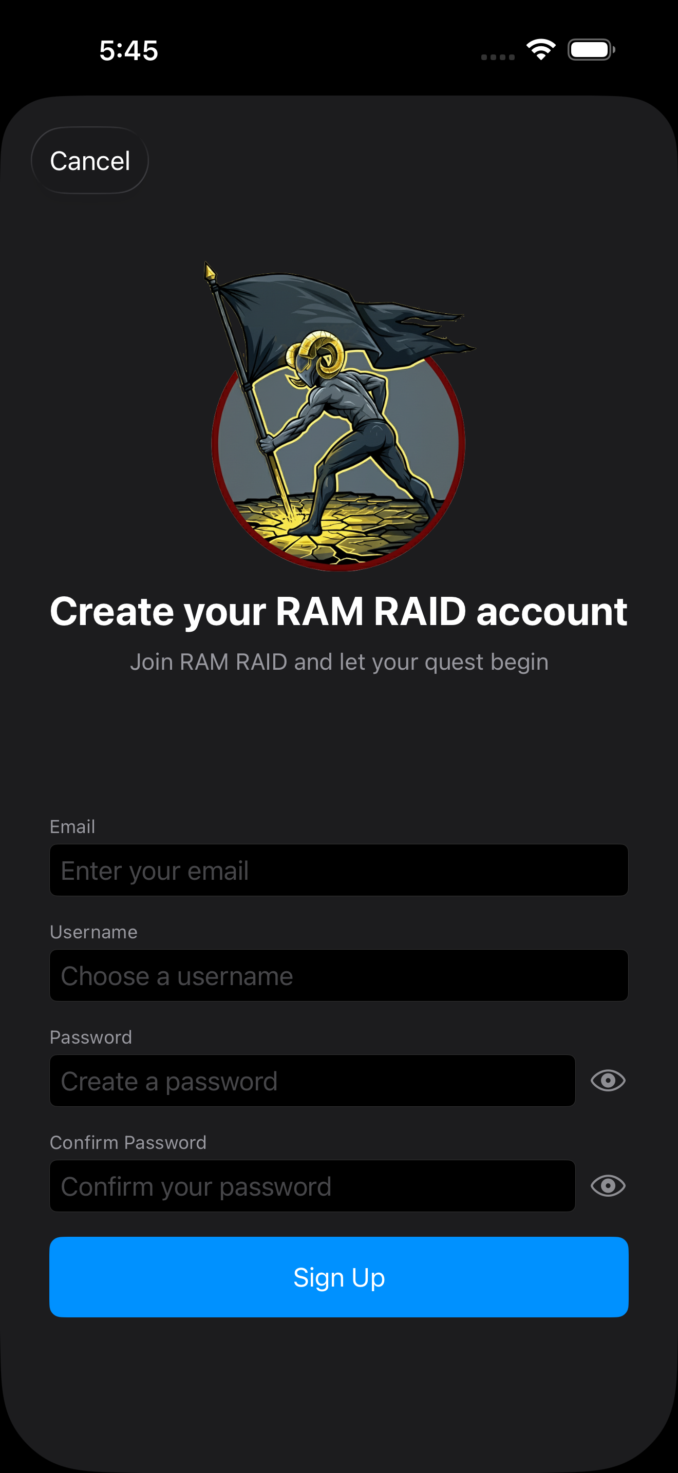 Sign up screen in iOS dark mode