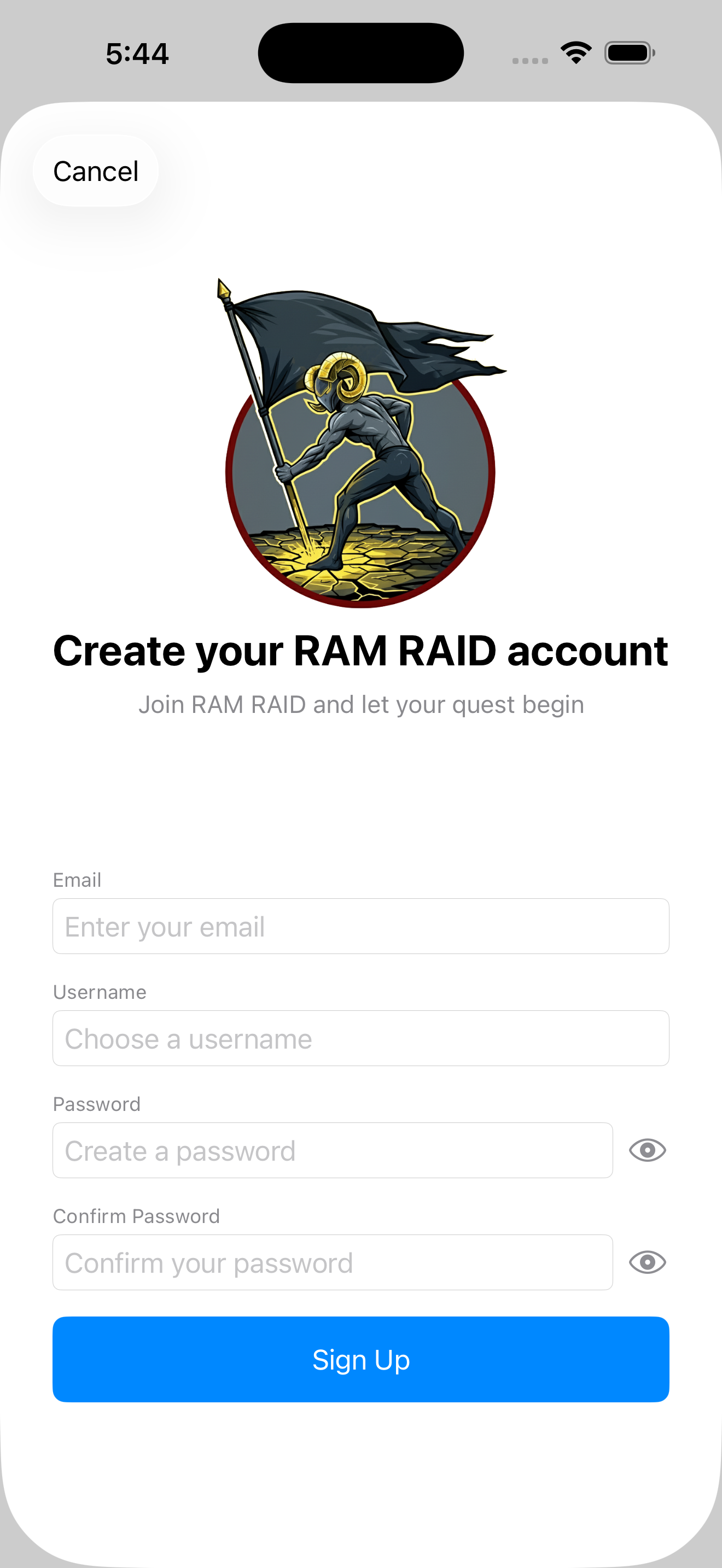 Sign up screen in iOS light mode