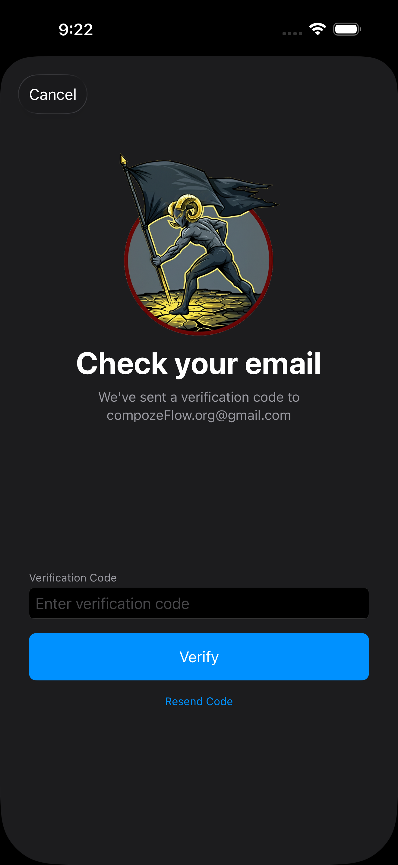 Account verification screen in iOS dark mode