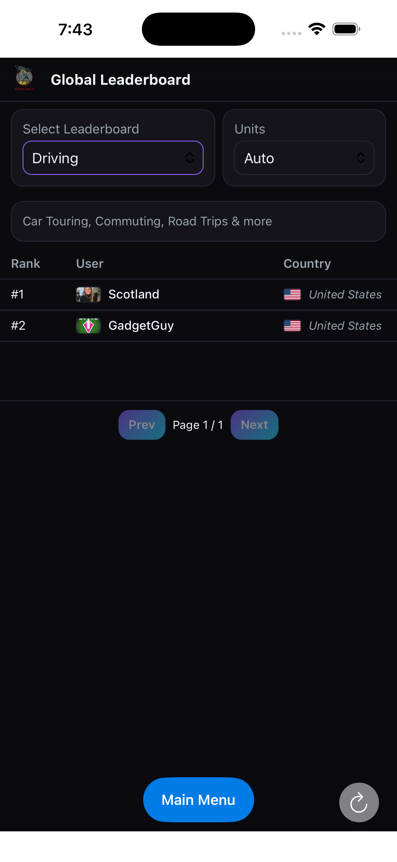 Screenshot of in-app web viewer showing Territory Map or Leaderboards
