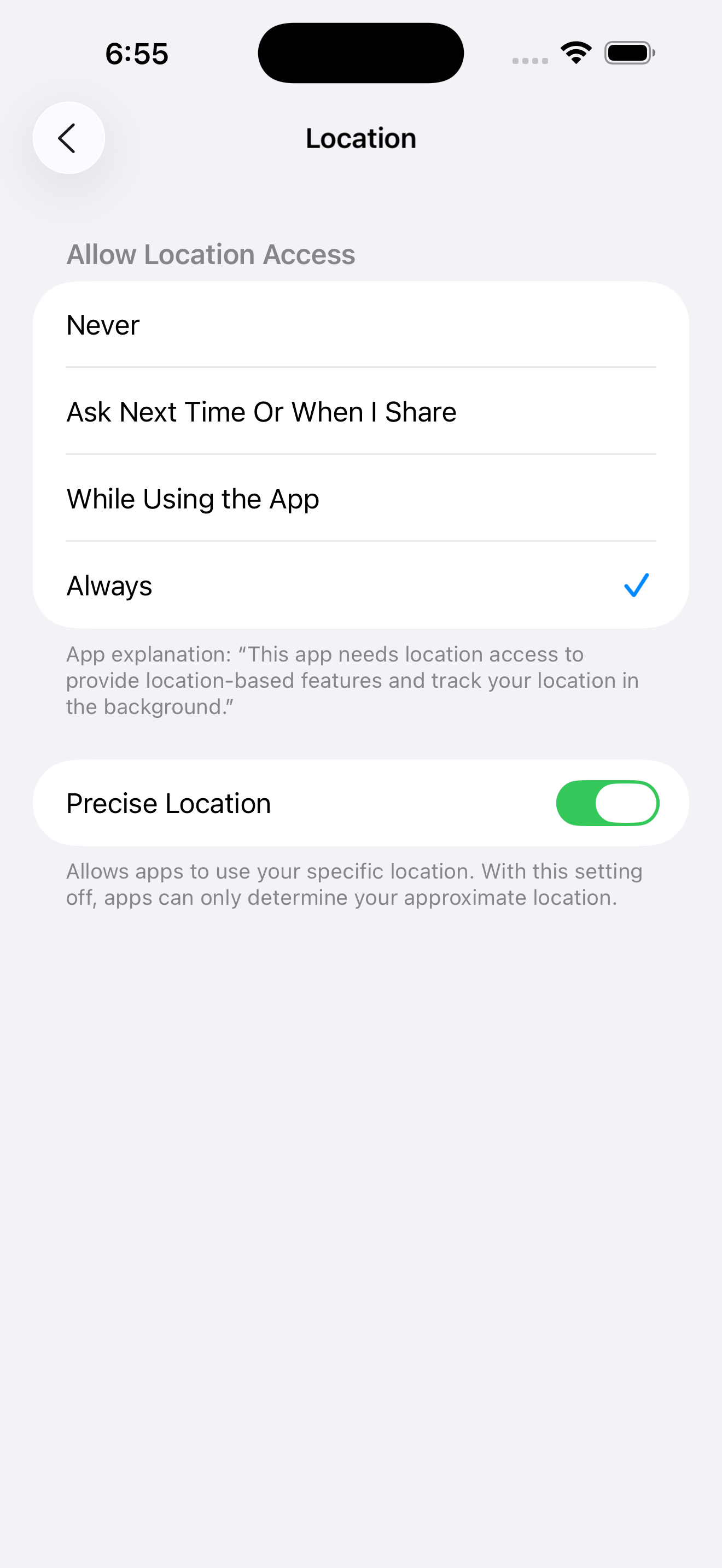 Screenshot showing iOS location permission prompt with While Using and Always options