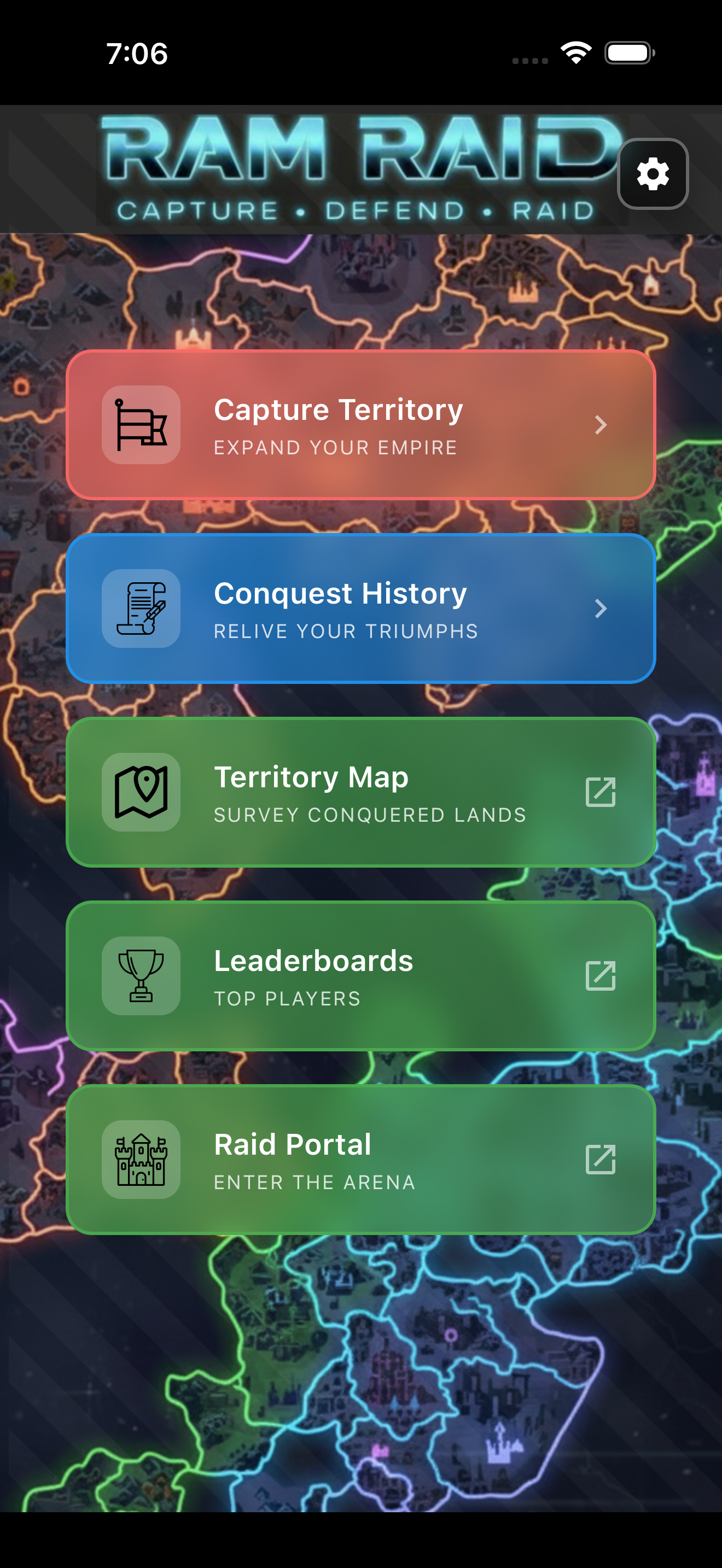 Screenshot of RAM Raid main menu showing all main navigation buttons
