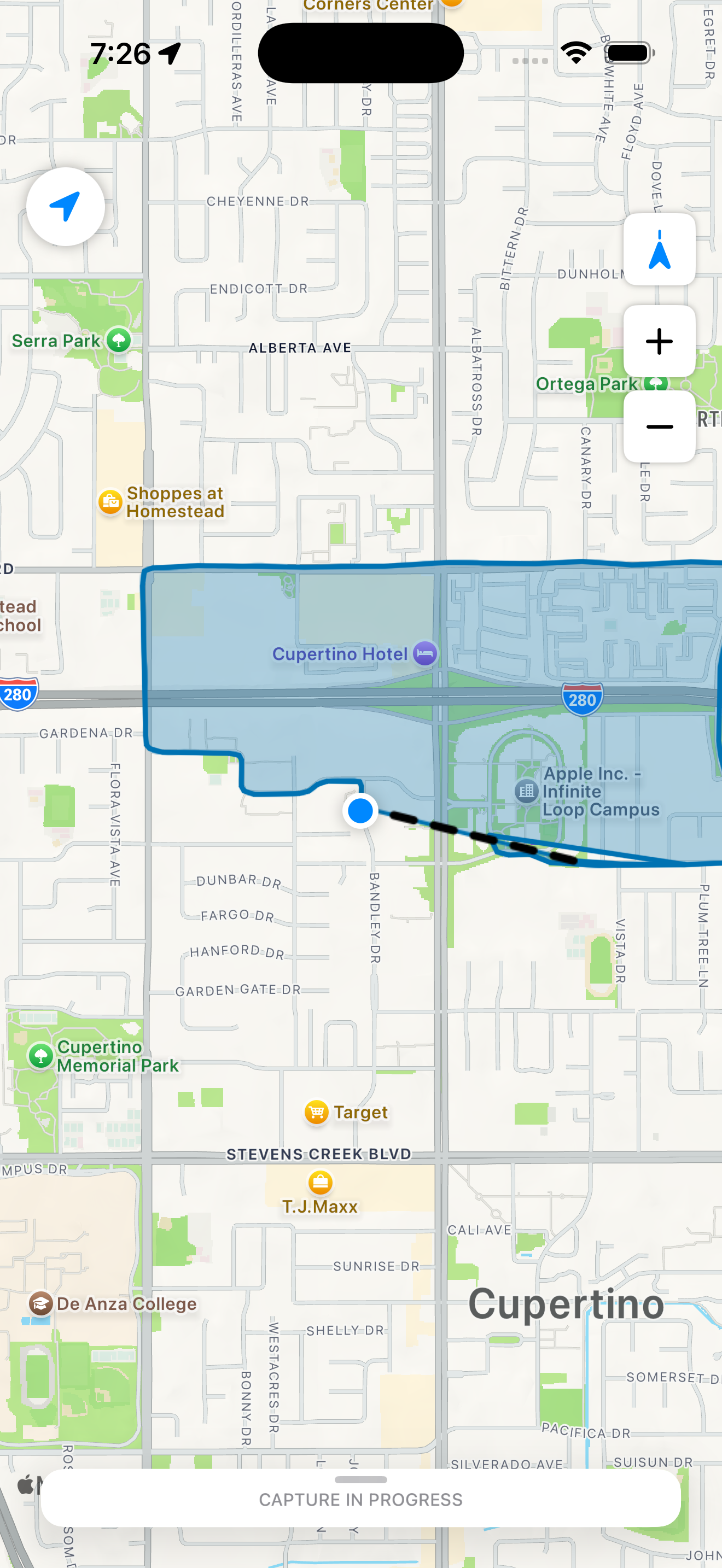 Screenshot highlighting the map control buttons including recenter, zoom, and compass