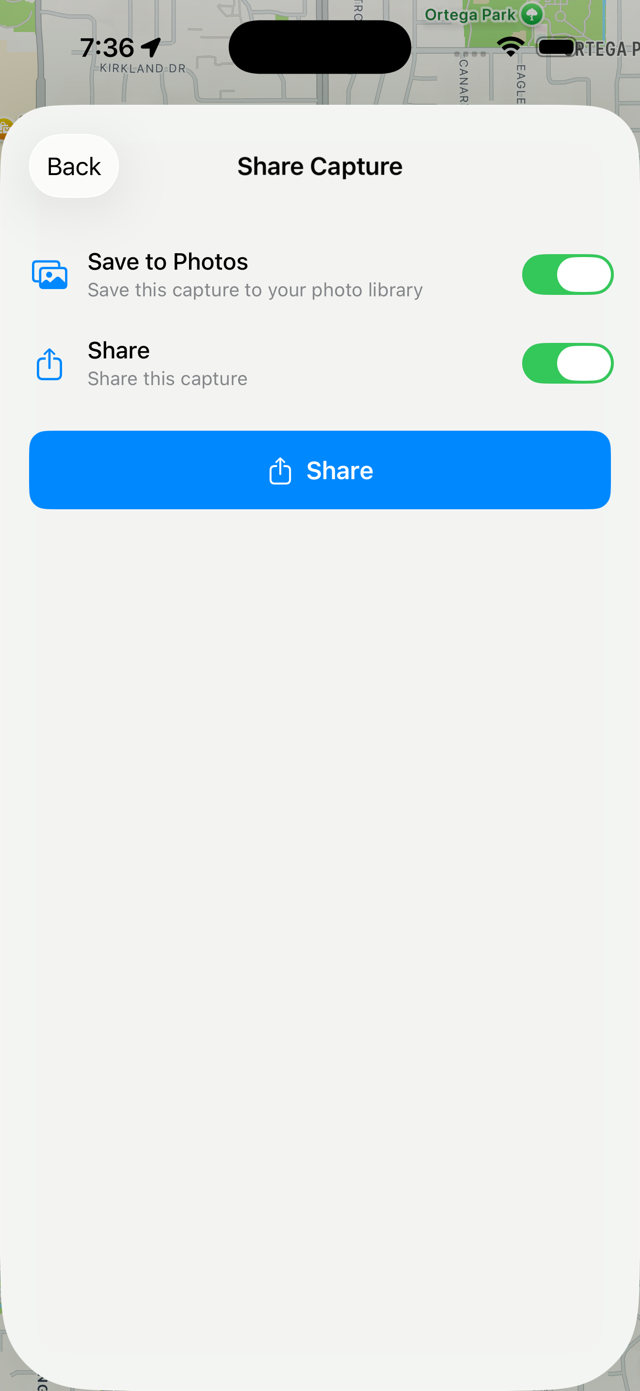 Screenshot of share dialog with save to photos and share options