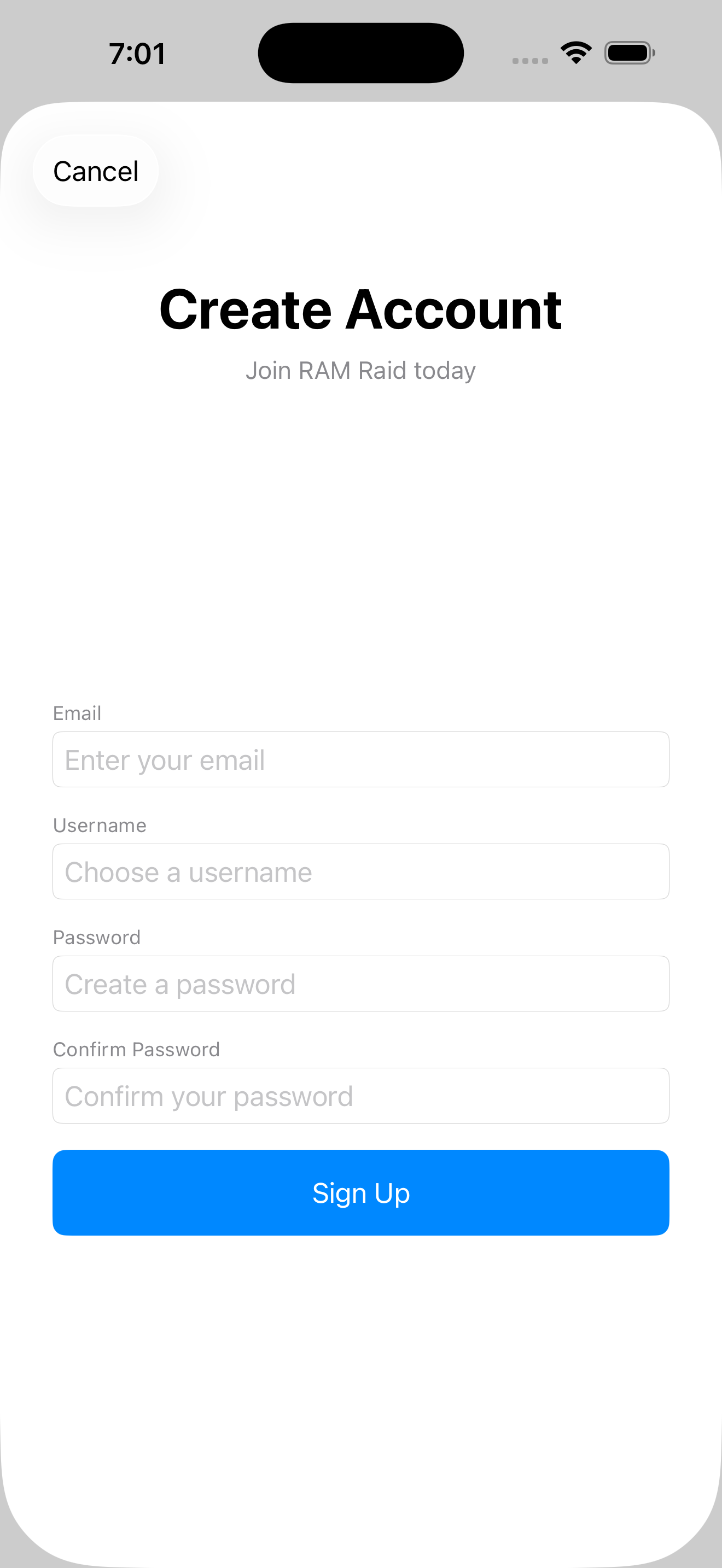 Screenshot of RAM Raid login screen showing email, password fields, and sign in button
